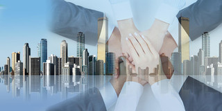 蓝色科技感城市团队共赢科技城市未来城市展板背景